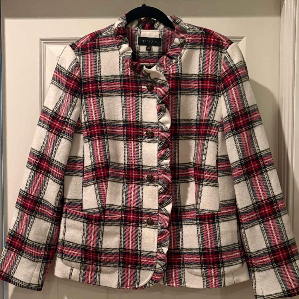 Talbots Tartan Plaid Ruffle Trim Shetland
Wool Lined Jacket